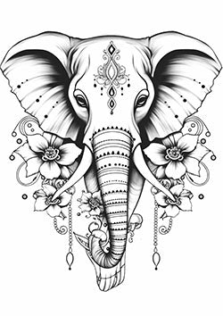 Tattoo template of a majestic elephant with floral details, expressive and graceful