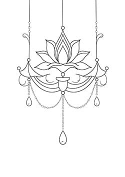 Tattoo template of a lotus flower suspended from elegant chains adorned with beads