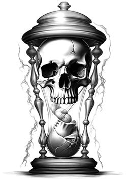 Tattoo template of an hourglass with a skull and heart, illustrating time's inevitable flow and mortal fate.