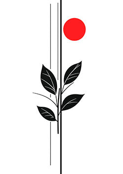 Tattoo template of a minimalist botanical design with leaves and a red sun