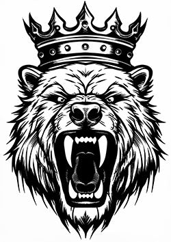 Tattoo template of a roaring bear with a crown symbolizing power and royalty