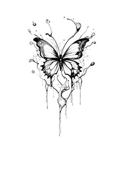 Tattoo template of a butterfly emerging from a splash in black and white with artistic and transformative elements