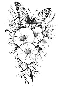 Tattoo template of a butterfly with flowers