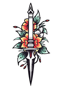 Tattoo template of a dagger entwined with vibrant flowers and lush leaves