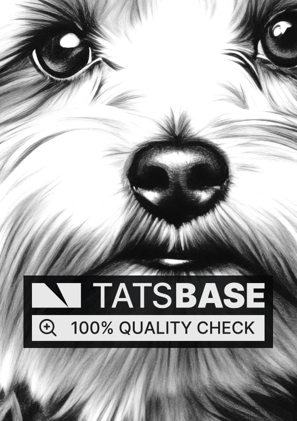 Tattoo template of a black and white Yorkshire Terrier portrait with soulful eyes