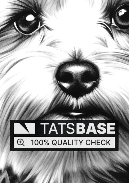 Tattoo template of a black and white Yorkshire Terrier portrait with soulful eyes