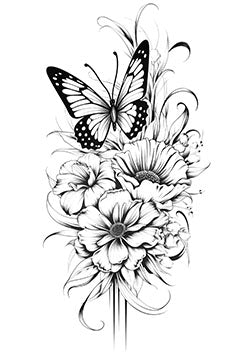 Tattoo template of a butterfly with flowers