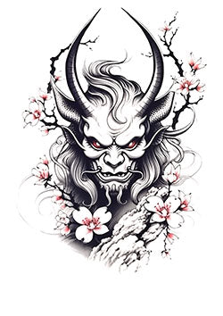 Tattoo template of a Japanese oni demon with cherry blossoms