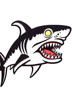 Tattoo template of a fierce cartoon shark with sharp teeth and glowing yellow eyes