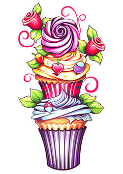 Tattoo template of a colorful stack of cupcakes with roses and heart-shaped candies