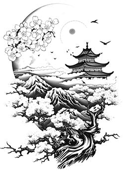 Tattoo template of a pagoda with cherry blossoms and mountains