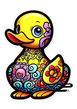 Tattoo template of a whimsical, colorful duckling with intricate floral patterns