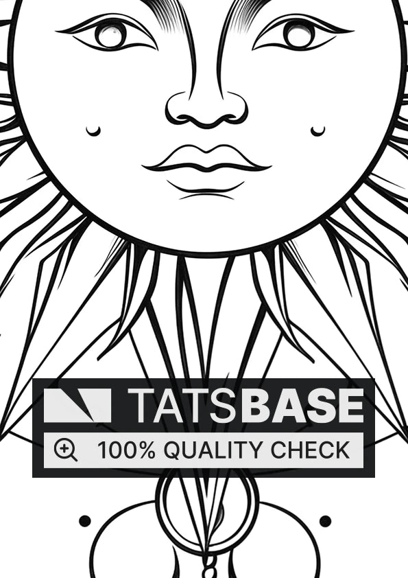 Tattoo template of a sun with a human face and ornate design elements