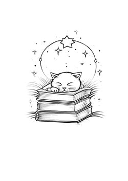 Tattoo template of a serene cat sleeping on books under a celestial scene