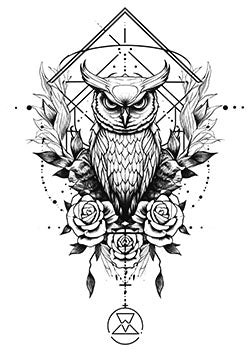 Tattoo template of a geometric owl with roses.