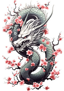 Tattoo template of a dragon with cherry blossoms