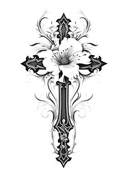 Tattoo template of a stylized cross with a floral design