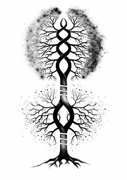 Tattoo template of a unique tree with DNA-like intertwined branches and roots