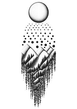 Tattoo template of a mountainous forest under a half-moon