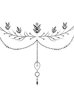 Tattoo template of a delicate floral garland with hanging beads and intricate leaf designs