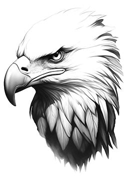 Tattoo template of a powerful eagle's head with intense eyes and detailed feathers, symbolizing strength and freedom