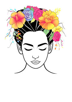 Tattoo template of a woman with a colorful floral crown and serene expression