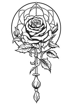 Tattoo template of a rose with a dreamcatcher and feathers