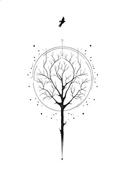 Tattoo template of a leafless tree within a celestial circle and a bird flying above