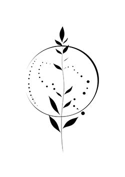 Tattoo template of a stylized branch with leaves and dots