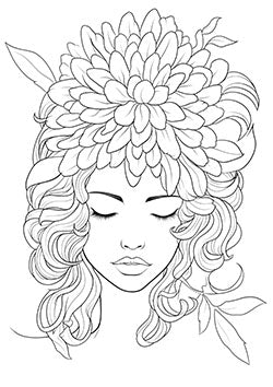 Tattoo template of a serene woman with a blooming flower on her head and flowing hair surrounded by leaves