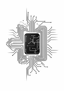 Tattoo template of a black microchip with intricate connected circuitry symbolizing technology and human connectivity