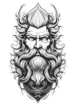 Tattoo template of a fierce mythological bearded figure with intricate details and flowing hair