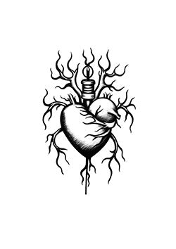 Tattoo template of a heart with roots wrapped around a bird representing resilience and protection