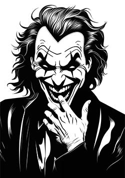 Tattoo template of a sinister clown with a maniacal grin and wild hair exuding dark humor