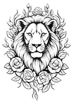 Tattoo template of a lion with surrounding roses