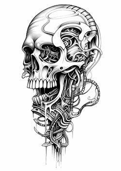 Tattoo template of a skull integrated with intricate biomechanical elements for a fusion of life and technology