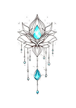 Tattoo template of a lotus flower with blue gemstones and hanging beads for a delicate and elegant design