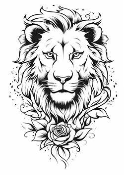 Tattoo template of a lion with a rose