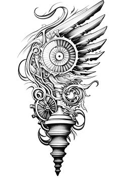 Tattoo template of a mechanical wing intertwined with gears and intricate machinery.