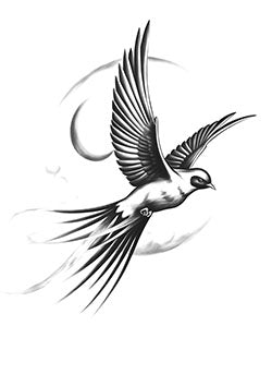 Tattoo template of a swallow in mid-flight with a crescent moon in the background