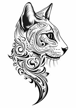 Tattoo template of a stylized cat head with tribal patterns