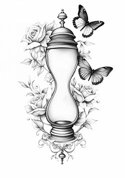 Tattoo template of a detailed hourglass with roses and butterflies, symbolizing timeless beauty.