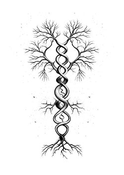 Tattoo template of a double-helix tree with roots and branches fusing nature and genetic heritage