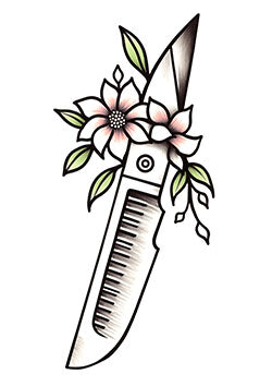 Tattoo template of a knife entwined with pink flowers and green leaves