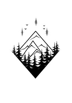 Tattoo template of a geometric mountain with birds and trees