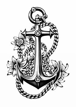 Tattoo template of an anchor entwined with flowers and rope