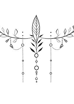 Tattoo template of a minimalist botanical design with leaves and ornamental circles symbolizing balance and growth