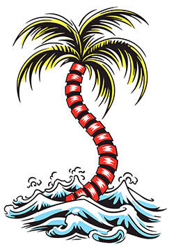 Tattoo template of a palm tree wrapped in red bandages with waves crashing around its base