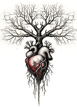 Tattoo template of a human heart merging into tree branches symbolizing life's interconnected roots