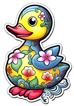 Tattoo template of a vibrant duck with intricate floral patterns